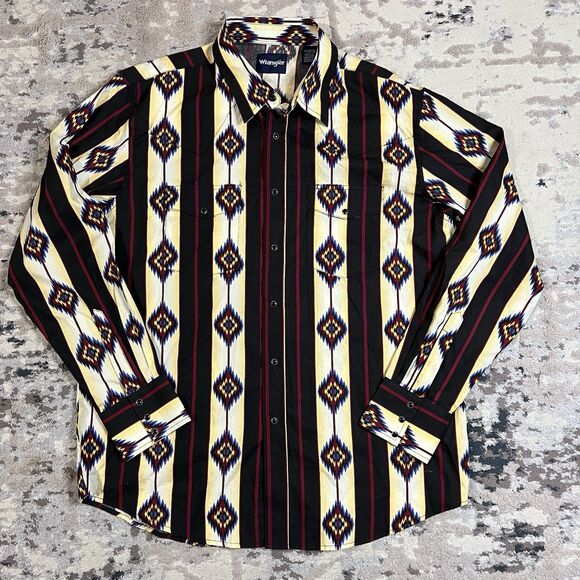 Wrangler Checotah Shirt Men Large Western Pearl Black Snap Aztec Print Cowboy - Picture 1 of 13